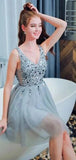 A Line V Neck Light Blue Short Homecoming Dresses With Beading HZ0509