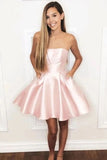 Strapless Pink Satin Homecoming Dress with Beading Pockets HZ0509
