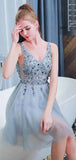 A Line V Neck Light Blue Short Homecoming Dresses With Beading HZ0509