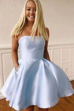 Strapless Pink Satin Homecoming Dress with Beading Pockets HZ0509
