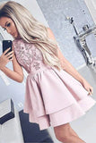 Bateau Short Pink Satin Homecoming Party Dresses with Appliques HZ0509