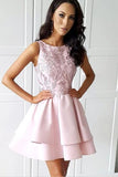 Bateau Short Pink Satin Homecoming Party Dresses with Appliques HZ0509