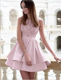 Bateau Short Pink Satin Homecoming Party Dresses with Appliques HZ0509