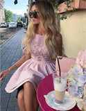 Bateau Short Pink Satin Homecoming Party Dresses with Appliques HZ0509