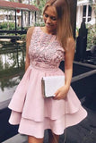 Bateau Short Pink Satin Homecoming Party Dresses with Appliques HZ0509