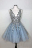 A-line Deep V-neck Light Blue Short Homecoming Dresses HZ0509