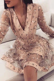 Pink Long Sleeve Homecoming Dresses, V Neck Short Prom Dress HZ0509