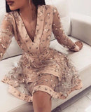 Pink Long Sleeve Homecoming Dresses, V Neck Short Prom Dress HZ0509