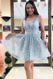 Fitted Short Light Sky Blue V Neck A Line Homecoming Dress HZ0509