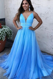 Stunning Tulle Blue A Line V Neck Spaghetti Straps Prom Dresses HZ0509