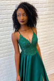 Emerald Spaghetti Straps Lace Appliques A Line Prom Dress HZ0509