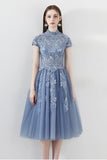 A Line Tulle Cap Sleeves High Neck Homecoming Dresses With Lace Appliques HZ0509