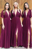 Neck Short Sleeve Burgundy Long Bridesmaid Dresses Side Slit HZ0509