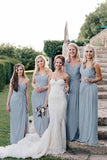 One Shoulder Cheap Dusty Blue Bridesmaid Dresses with Slit HZ0509
