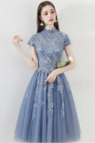 A Line Tulle Cap Sleeves High Neck Homecoming Dresses With Lace Appliques HZ0509