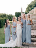 One Shoulder Cheap Dusty Blue Bridesmaid Dresses with Slit HZ0509