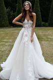 Sweetheart Tulle A Line Appliques Wedding Dresses with Lace,Beach Wedding Gown HZ0509