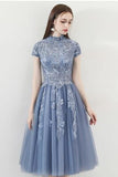 A Line Tulle Cap Sleeves High Neck Homecoming Dresses With Lace Appliques HZ0509