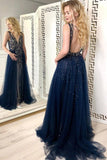 Blue Tulle Sequins Prom Dresses, Long Formal Prom Dress HZ0509