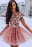 Pink Short Prom Dresses 3D Flowers Beaded Homecomingl Dresses HZ0509