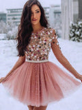 Pink Short Prom Dresses 3D Flowers Beaded Homecomingl Dresses HZ0509