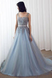Blue Formal Long Lace Appliqued Gray Tulle Prom Dresses Cheap Quinceanera Dresses HZ0509
