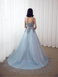Blue Formal Long Lace Appliqued Gray Tulle Prom Dresses Cheap Quinceanera Dresses HZ0509