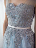 Blue Formal Long Lace Appliqued Gray Tulle Prom Dresses Cheap Quinceanera Dresses HZ0509