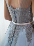 Blue Formal Long Lace Appliqued Gray Tulle Prom Dresses Cheap Quinceanera Dresses HZ0509