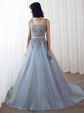 Blue Formal Long Lace Appliqued Gray Tulle Prom Dresses Cheap Quinceanera Dresses HZ0509