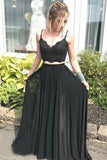 Strap V Neck Two Piece Long Prom Dresses Black Lace Evening Dress HZ0509