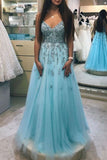 V-neck Beaded Prom Dresses Lace Blue Prom Gowns HZ0509