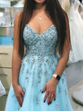 V-neck Beaded Prom Dresses Lace Blue Prom Gowns HZ0509