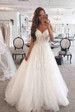 A-Line Spaghetti Straps Long Tulle Wedding Dress with Appliques HZ0509