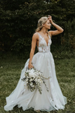Marvelous V-neck A-line Wedding Dresses Appliques Tulle Bridal Gowns HZ0509