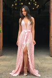 V-Neck Sweep Train Pink Lace Prom Dress with Split HZ0509
