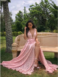 V-Neck Sweep Train Pink Lace Prom Dress with Split HZ0509