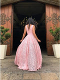 V-Neck Sweep Train Pink Lace Prom Dress with Split HZ0509