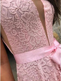 V-Neck Sweep Train Pink Lace Prom Dress with Split HZ0509