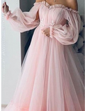 Pink Lace Off Shoulder Fluffy Tulle Long Sleeve Prom Party Maxi Dress HZ0509