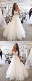 A-Line Spaghetti Straps Long Tulle Wedding Dress with Appliques HZ0509