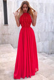 Jewel Floor-Length Red Chiffon Long Prom Party Dress with Ruffles HZ0509