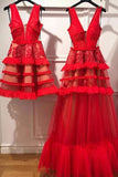 Red V Neck Tulle Long Prom Dress, Evening Ddress HZ0509