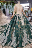 Long Sleeves Ball Gown Lace Prom Dress with Appliques, Long Prom Gown HZ0509