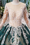 Long Sleeves Ball Gown Lace Prom Dress with Appliques, Long Prom Gown HZ0509