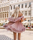 Chiffon Pnk Short Prom Dress, Off the Shoulder Homecoming Dress HZ0509
