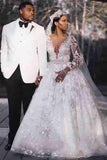 Gown Deep V-Neck Long Sleeves Ivory Wedding Dress with Lace Appliques HZ0509