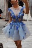 Round Neck Lace Appliques Short Prom Dress, Blue Tulle Evening Dress HZ0509