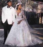 Gown Deep V-Neck Long Sleeves Ivory Wedding Dress with Lace Appliques HZ0509