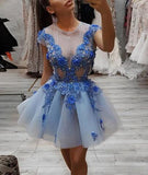 Round Neck Lace Appliques Short Prom Dress, Blue Tulle Evening Dress HZ0509
